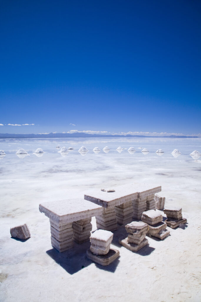 Bolivia, Southern Altiplano, Salar de Uyuni. Seating constructed of salt, located on the Salar de Uyuni salt flat.