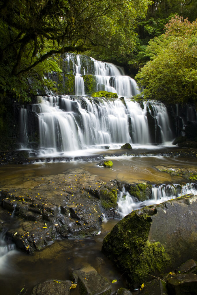 New Zealand, Southland, The Catlins. Purakaunui Falls surrounded by native woodland and bush in the Catlins Forest Park.