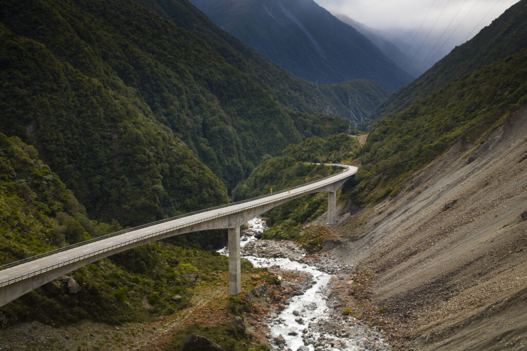 New Zealand, Westland, Otira Gorge Viaduct. The Otira Gorge Viaduct, a modern example of engineering genius completed in 1999.