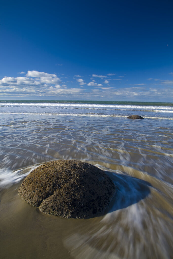 New Zealand, Otago, Moeraki Boulders. One of the famous spherical Moeraki boulders on the North Otago coast.