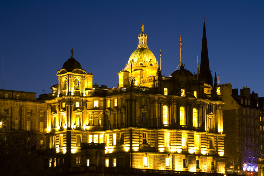 Scotland, Edinburgh, Bank of Scotland. A prominent feature of the Edinburgh skyline, the Bank of Scotland head office on The Mound. Construction of this impressive building was completed in 1806.