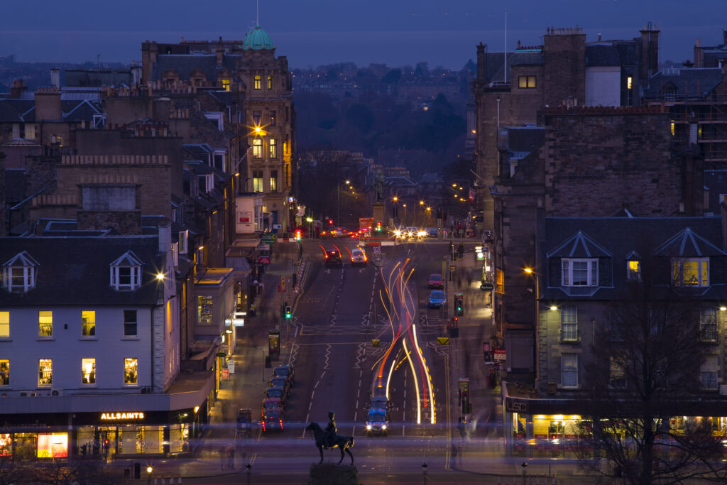 Scotland, Edinburgh, Princes Street. Royal Scots Greys monument located on the junction of Princes and Frederick Street.