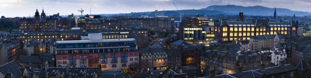 Scotland, Edinburgh, Edinburgh City. Panoramic view looking south from Castle Hill accross the city towards the Pentland Hills.