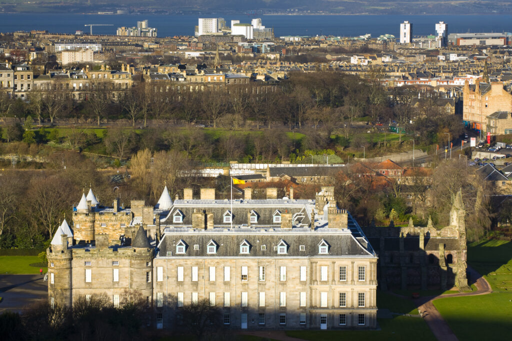 Scotland, Edinburgh, Holyroodhouse. The Palace of Holyroodhouse and Holyrood Abbey.