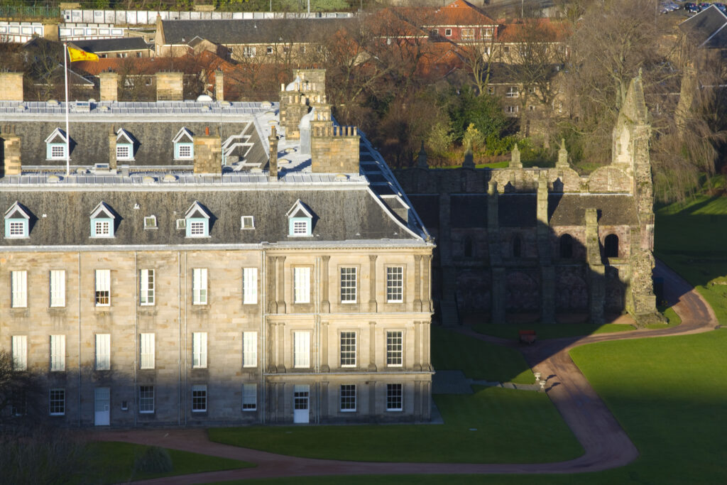 Scotland, Edinburgh, Holyroodhouse. The Palace of Holyroodhouse and Holyrood Abbey.