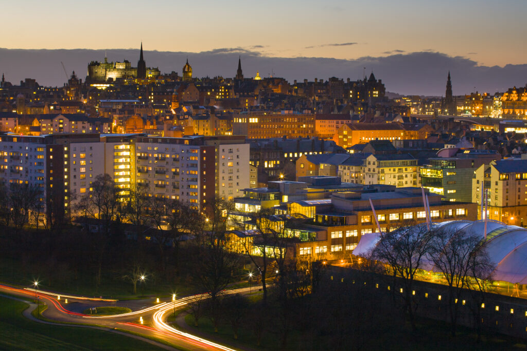 Scotland, Edinburgh, Holyrood. Looking towards the Old Town and the city center from a high viewpoint near Arthur's Seat in the Holyrood Park.