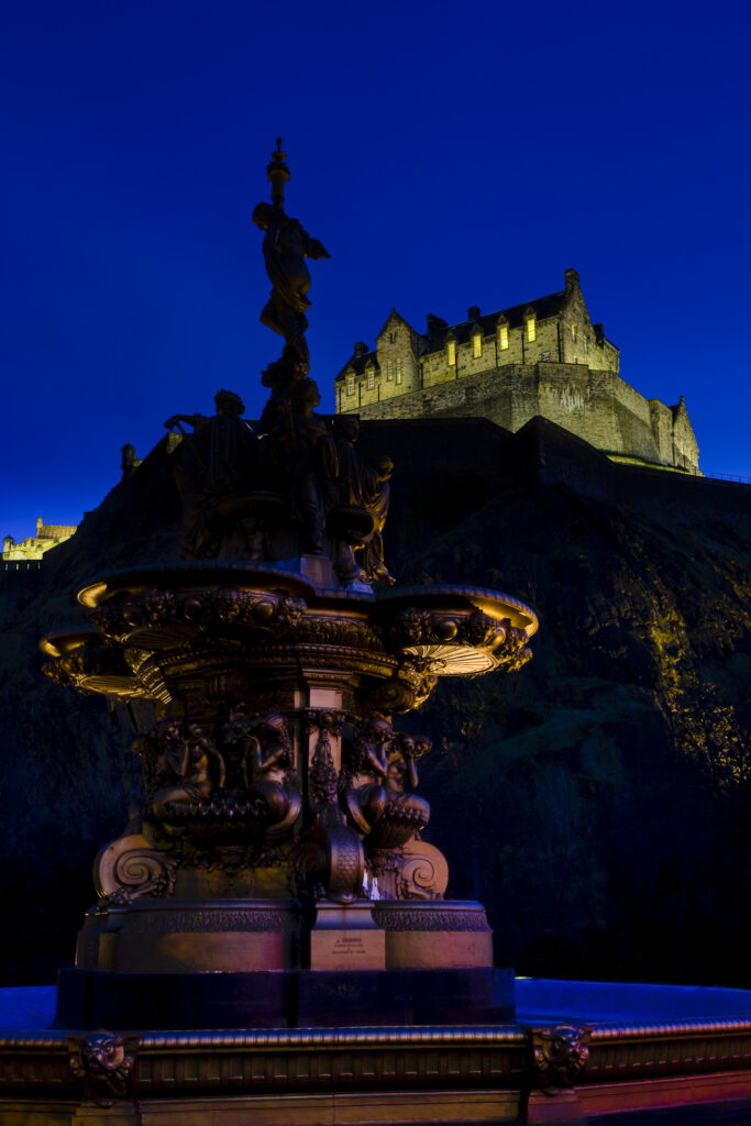 Scotland, Edinburgh, Edinburgh Castle. Ross Fountain was cast In France in the early 1860's before being exhibited in the Great Exhibition (London) in 1862 and finally being installed in West Princes Street Gardens some ten years later.