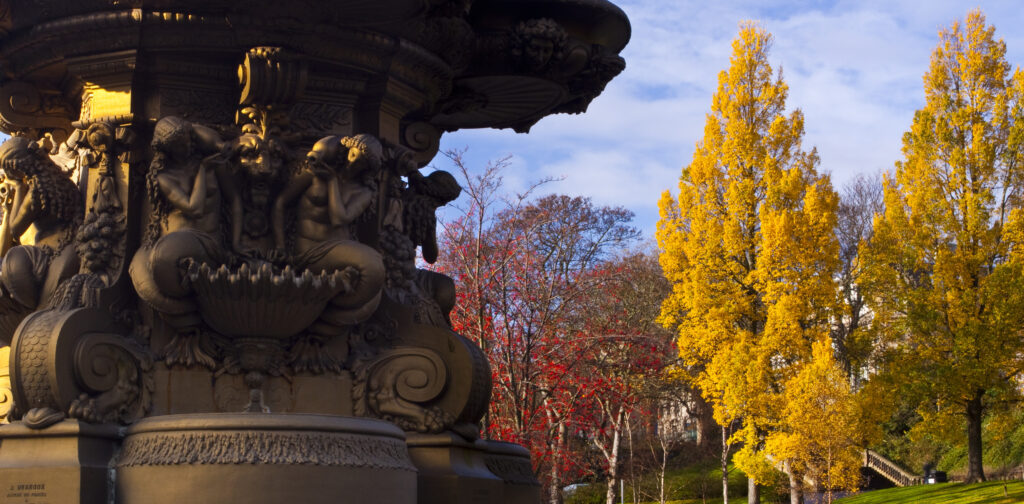 Scotland, Edinburgh, Princes Streeet Gardens. Ross Fountain was cast In France in the early 1860's before being exhibited in the Great Exhibition (London) in 1862 and finally being installed in West Princes Street Gardens some ten years later.
