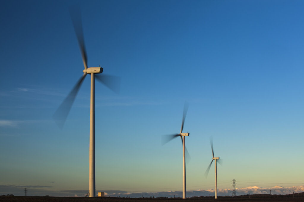 England, Northumberland, Lynemouth. Wind turbines / wind farm located near Ashington, owned and installation started by ScottishPower Renewables in 2011 - Completed in 2012.