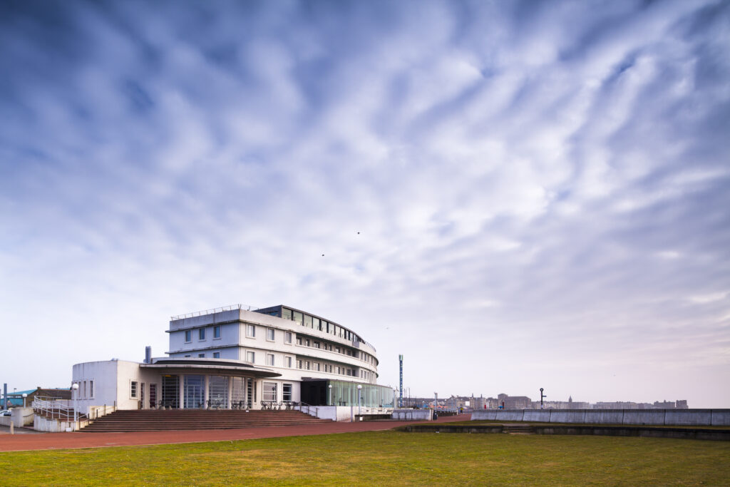 England, Lancashire, Morecambe. The Art Deco Midland Hotel in Morecambe, overlooking Morecambe Bay.