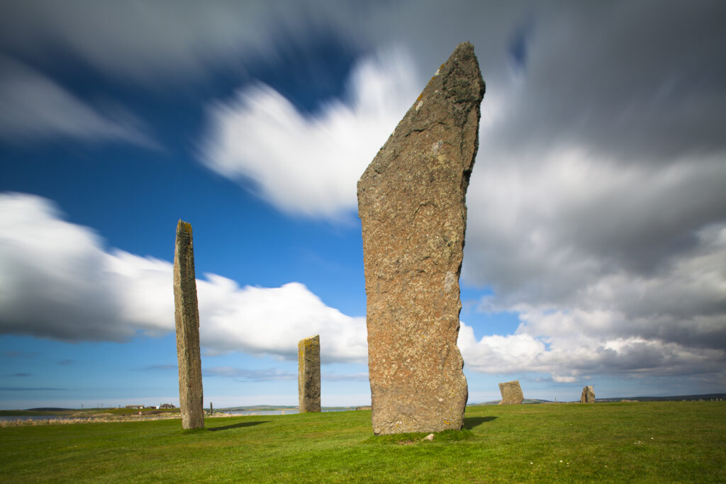 Scotland, Orkney Islands, Standing Stones of Stenness. The Standing Stones of Stenness, a Neolithic stone circle monument on the mainland of Orkney, Scotland, forming part of the Heart of Neolithic Orkney World Heritage Site
