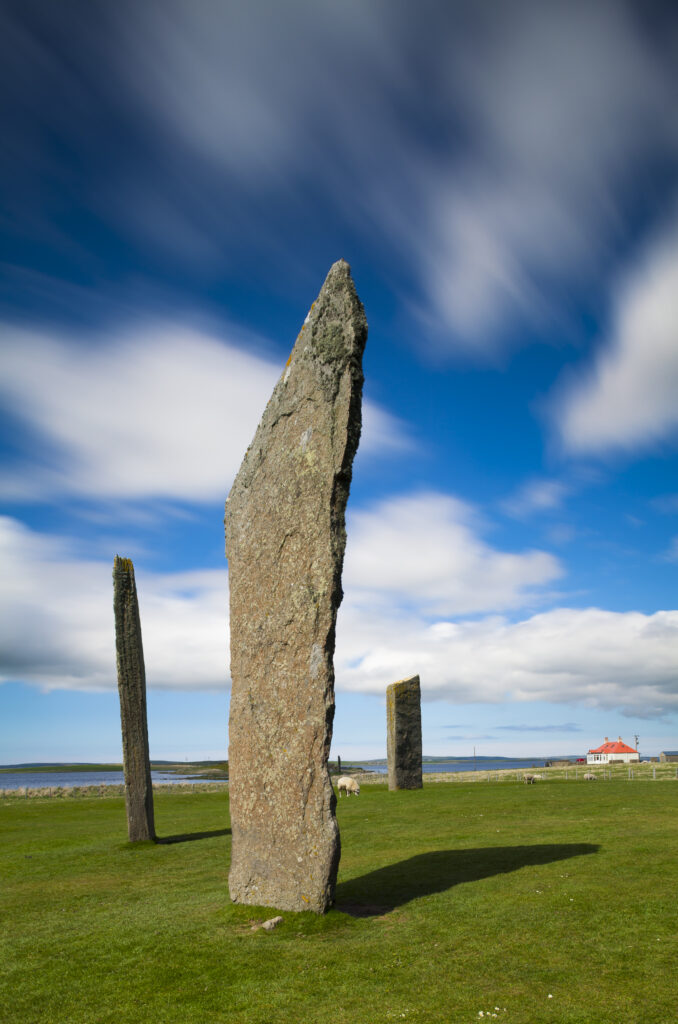 Scotland, Orkney Islands, Standing Stones of Stenness. The Standing Stones of Stenness, a Neolithic stone circle monument on the mainland of Orkney, Scotland, forming part of the Heart of Neolithic Orkney World Heritage Site