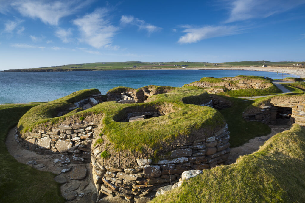 Scotland, Orkney Islands, Skara Brae Prehistoric Village. Skara Brae, a stone-built Neolithic settlement, located on the Bay of Skaill on the west coast of Mainland Orkney and forming part of the Heart of Neolithic Orkney World Heritage Site