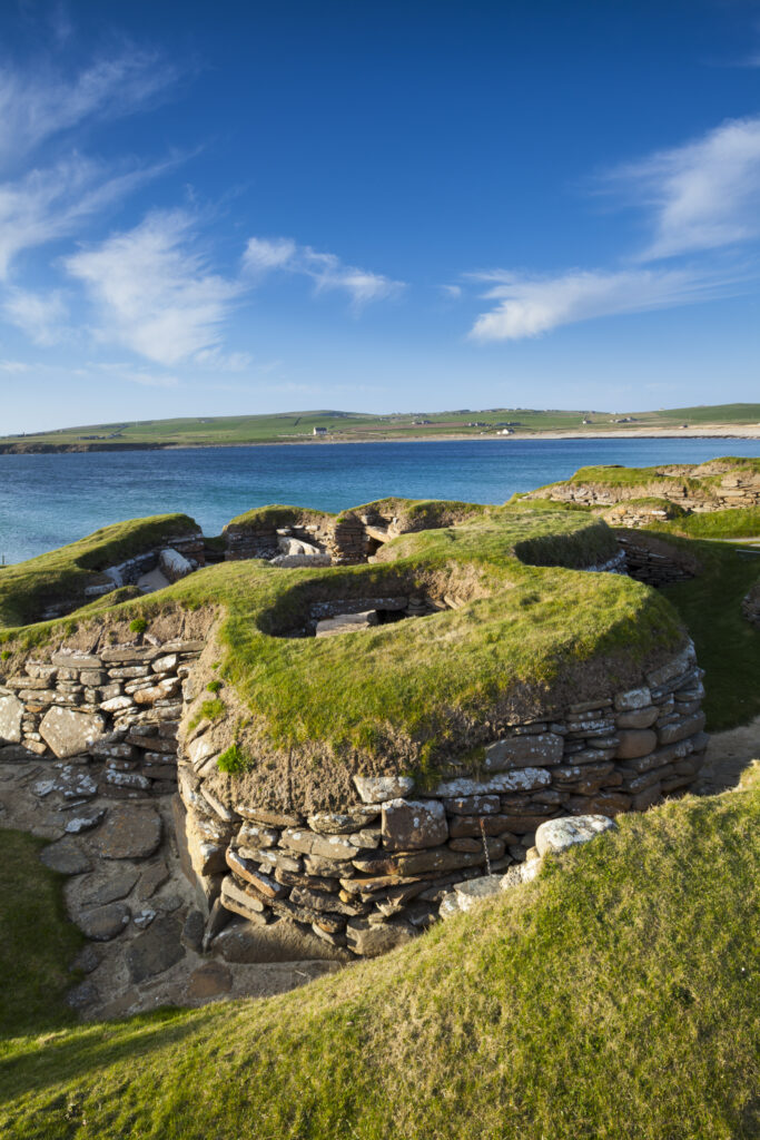 Scotland, Orkney Islands, Skara Brae Prehistoric Village. Skara Brae, a stone-built Neolithic settlement, located on the Bay of Skaill on the west coast of Mainland Orkney and forming part of the Heart of Neolithic Orkney World Heritage Site
