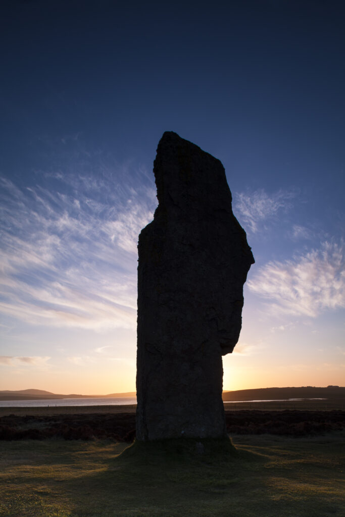 Scotland, Orkney Islands, The Ring of Brodgar. The Ring of Brodgar, a Neolithic stone circle and henge monument on the mainland of Orkney, Scotland, forming part of the Heart of Neolithic Orkney World Heritage Site