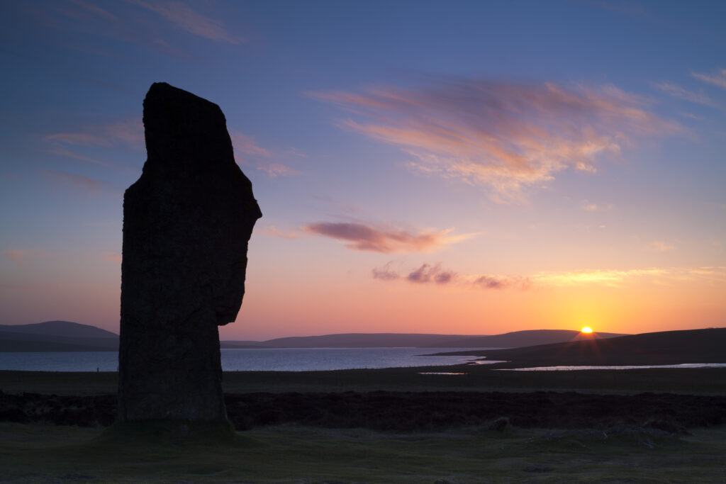 Scotland, Orkney Islands, The Ring of Brodgar. The Ring of Brodgar, a Neolithic stone circle and henge monument on the mainland of Orkney, Scotland, forming part of the Heart of Neolithic Orkney World Heritage Site