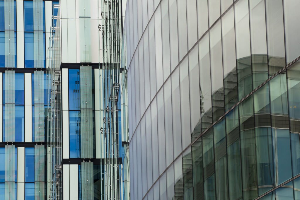 England, Greater Manchester, Manchester. Detail shot of office block facade forming part of the Avenue complex in the Springfields Area.