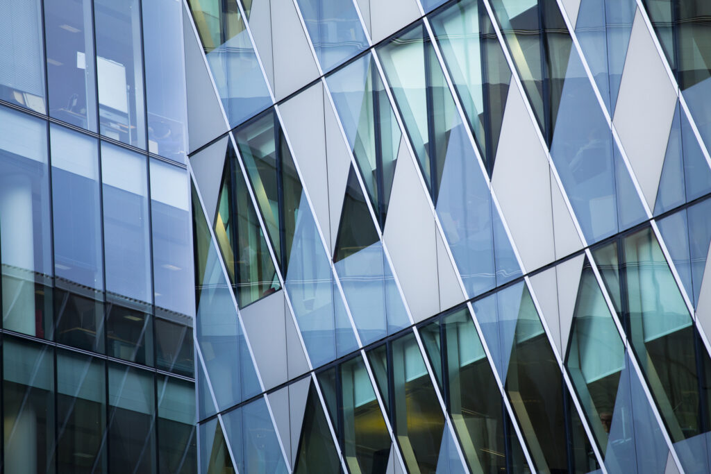 England, Greater Manchester, Manchester. Detail shot of office block facade forming part of the Avenue complex in the Springfields Area.