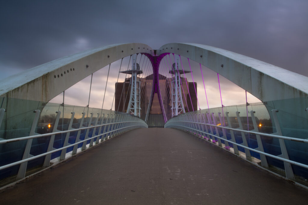 England, Greater Manchester, Salford Quays. The Lowry Bridge located on the Salford Quays in the city of Salford near Manchester Old Trafford.