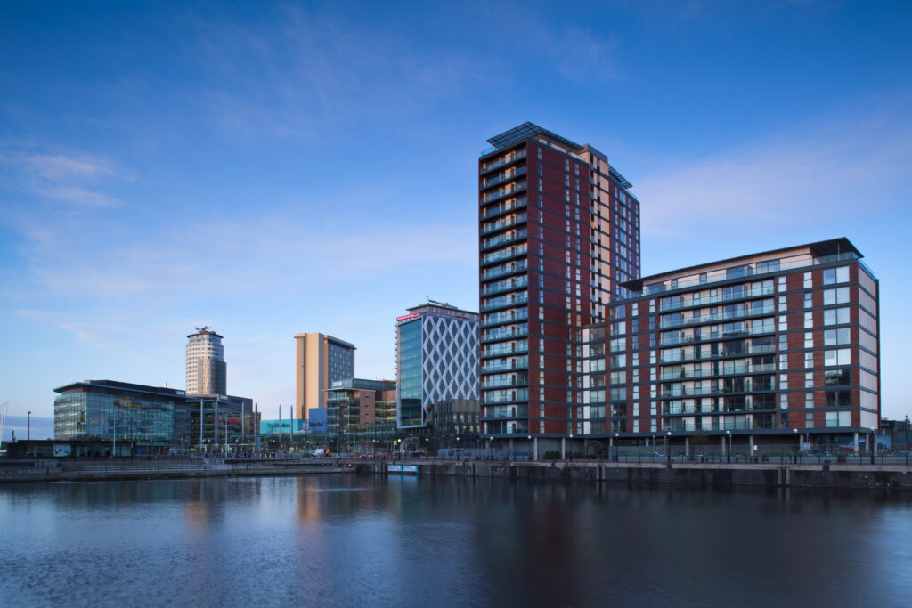 England, Greater Manchester, Salford Quays. Media City UK complex located on the Salford Quays in the city of Salford near Manchester Old Trafford.