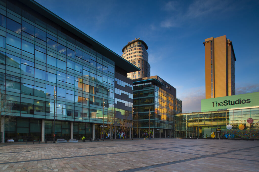 England, Greater Manchester, Salford Quays. Media City UK complex located on the Salford Quays in the city of Salford near Manchester Old Trafford.