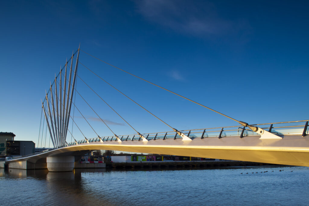 England, Greater Manchester, Salford Quays. Swing Bridge located near Media City UK on the Salford Quays in the city of Salford near Manchester Old Trafford.