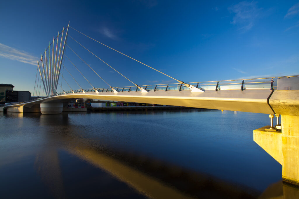 England, Greater Manchester, Salford Quays. Swing Bridge located near Media City UK on the Salford Quays in the city of Salford near Manchester Old Trafford.