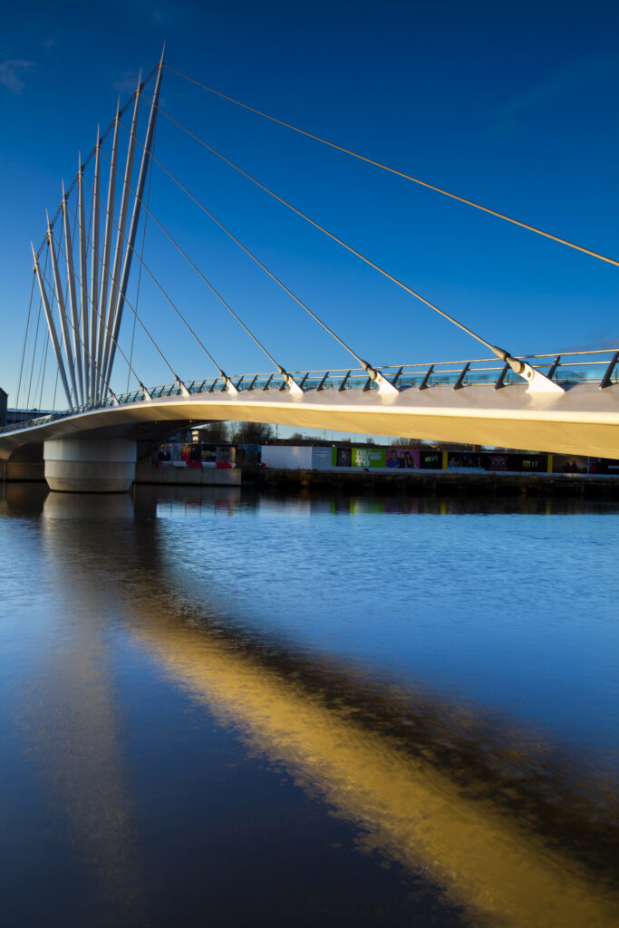 England, Greater Manchester, Salford Quays. Swing Bridge located near Media City UK on the Salford Quays in the city of Salford near Manchester Old Trafford.