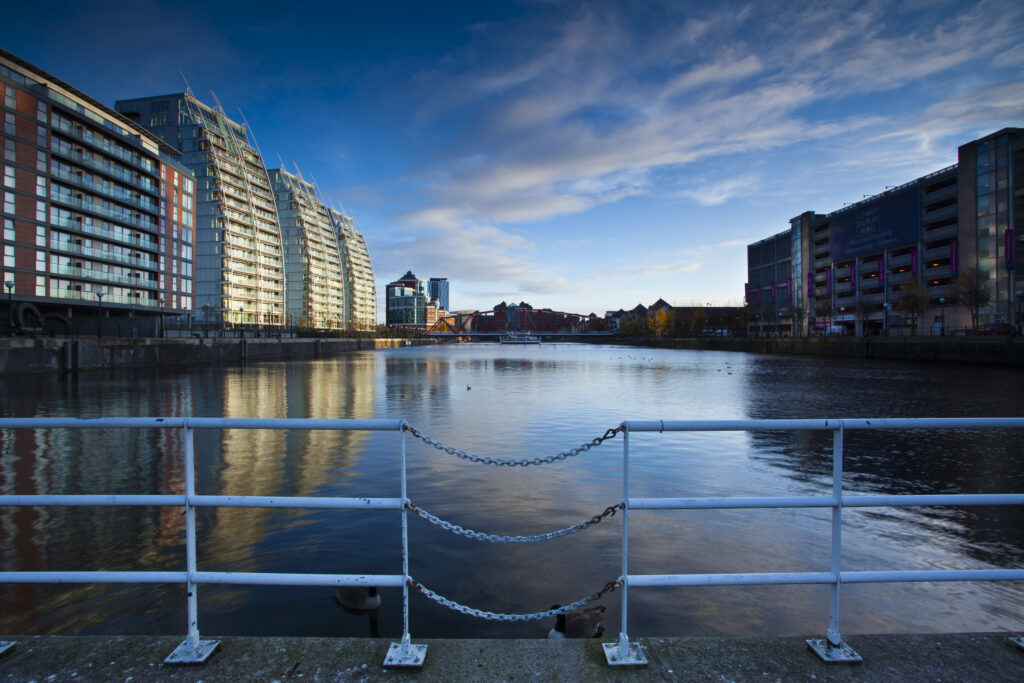 England, Greater Manchester, Salford Quays. NV apartments located along the Manchester Ship Canal in Salford.
