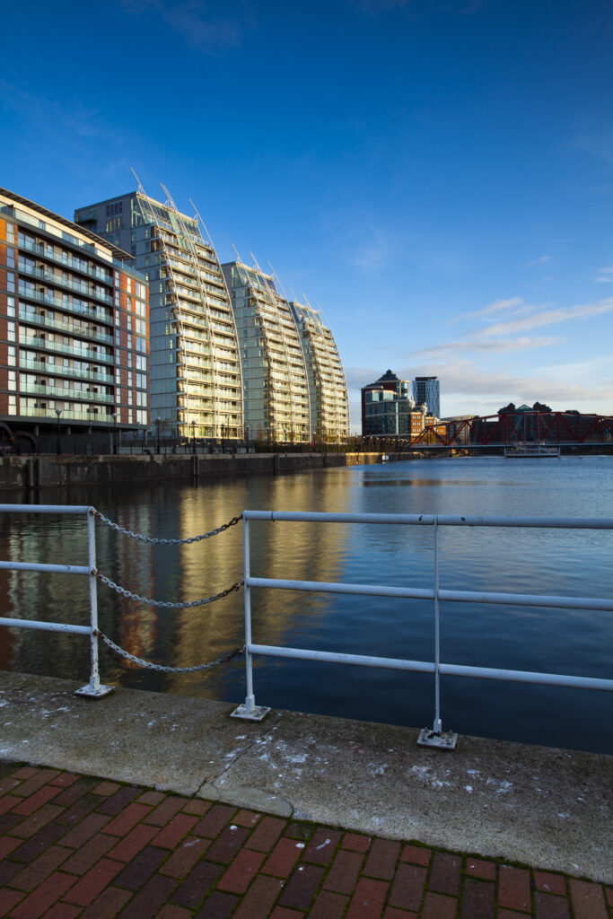 England, Greater Manchester, Salford Quays. NV apartments located along the Manchester Ship Canal in Salford.