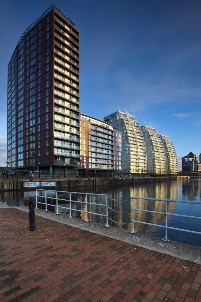 England, Greater Manchester, Salford Quays. NV apartments located along the Manchester Ship Canal in Salford.