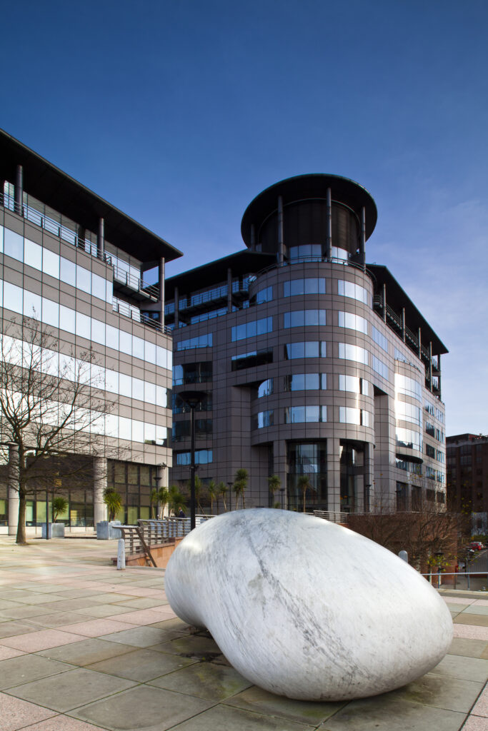 England, Greater Manchester, Manchester. An 18-ton polished marble by the Japanese artist Kan Yasuda located between Barbirolli Square and the Bridgewater Hall