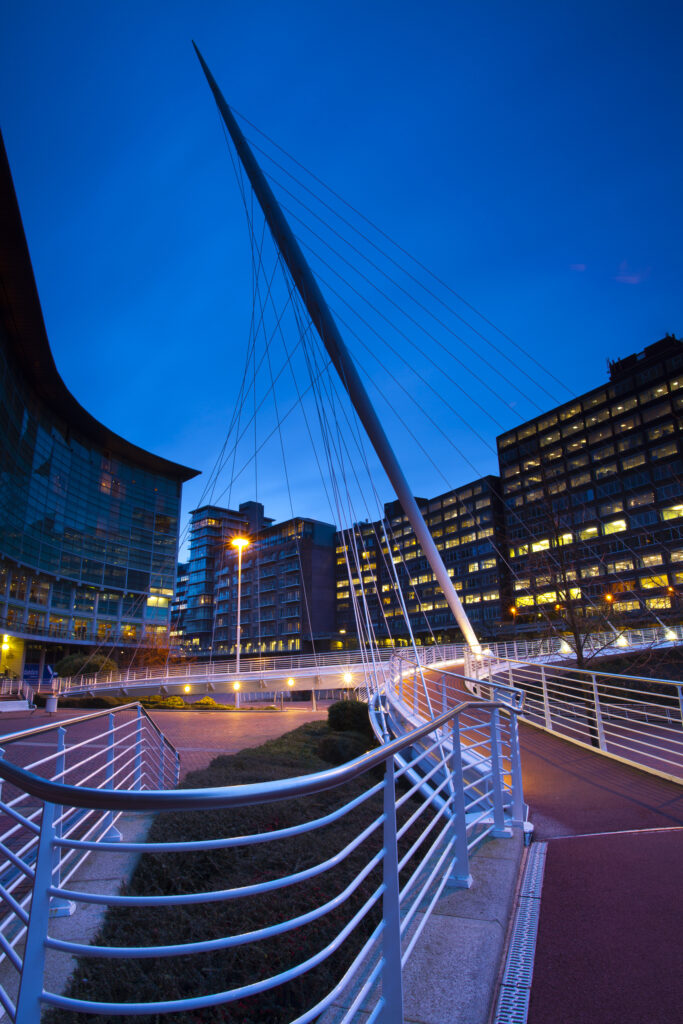 England, Greater Manchester, Manchester. The Trinity Bridge, spanning the banks of the River Irwell near the Lowry Hotel.