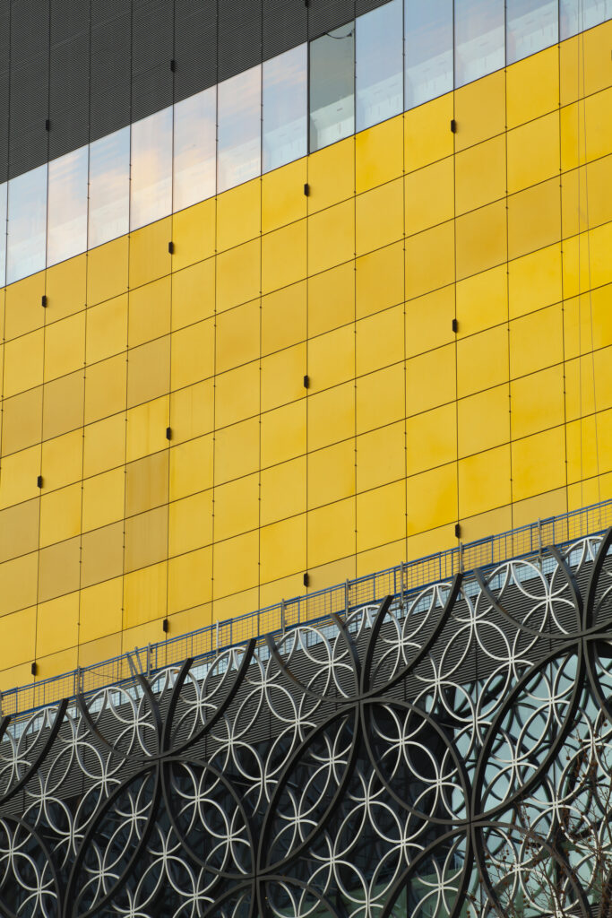 England, West Midlands, Birmingham City. Detail shot of modern design on the outer walls of the Birmingham Repertory Theatre (REP).