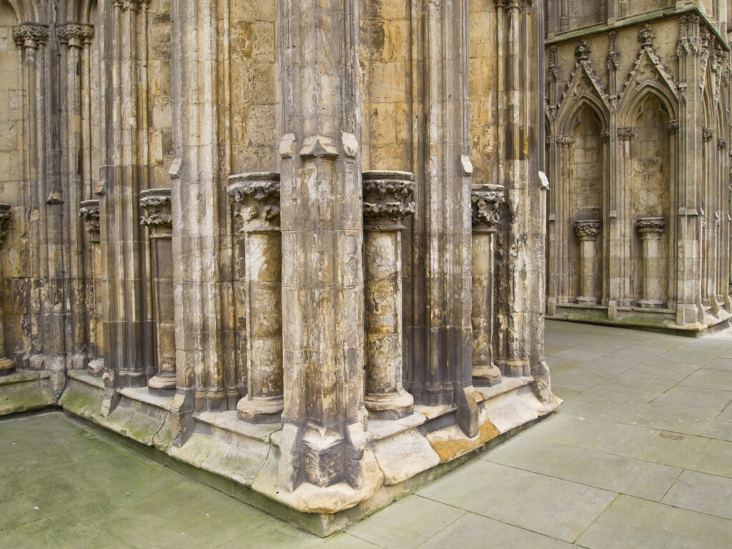 England, North Yorkshire, York City. Architectural detail of the West Front entrance of York Minster Cathedral.