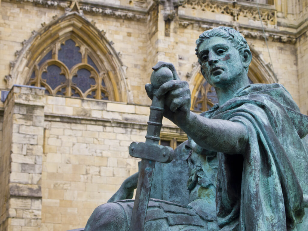 England, North Yorkshire, York City. Statue of Roman Emperor Constantine the Great. near the main entrance to York Minster.