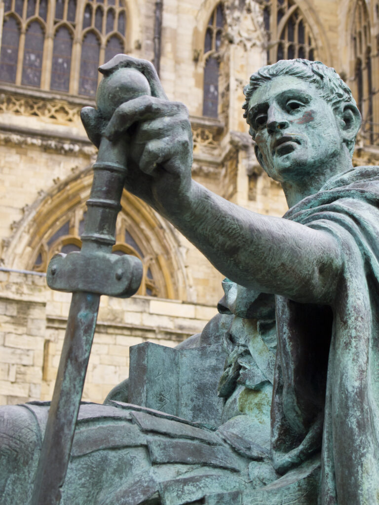 England, North Yorkshire, York City. Statue of Roman Emperor Constantine the Great. near the main entrance to York Minster.