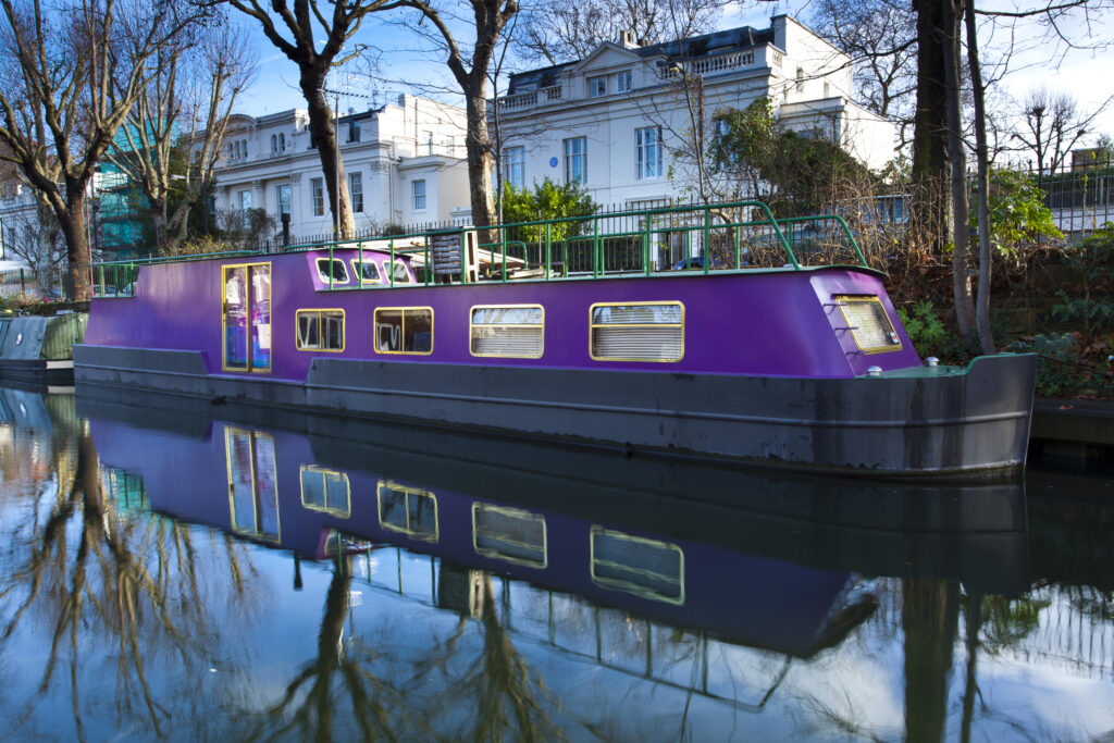 England, London, Little Venice. Canal Narrow Boat moored on the Regents Canal at the 'Little Venice' basin.