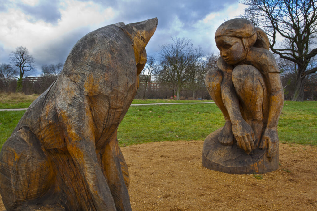 England, London, Regents Park. Wooden sculptures in the grounds of The Regent's Park, a Royal Park in London.