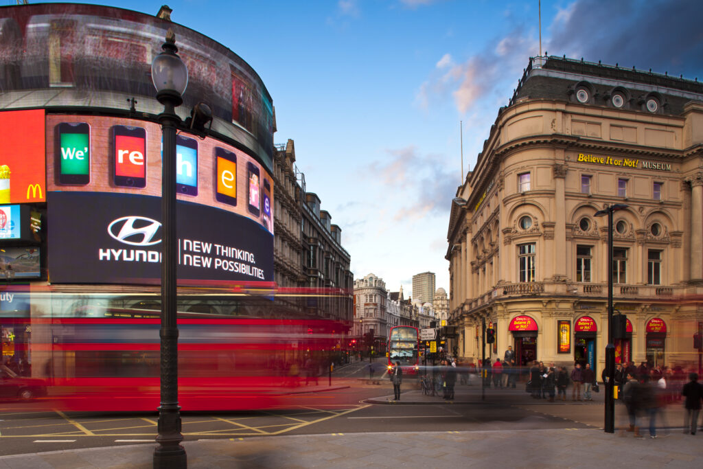 England, London, Piccadilly Circus. Piccadilly Circus located in the London's West End in the City of Westminster