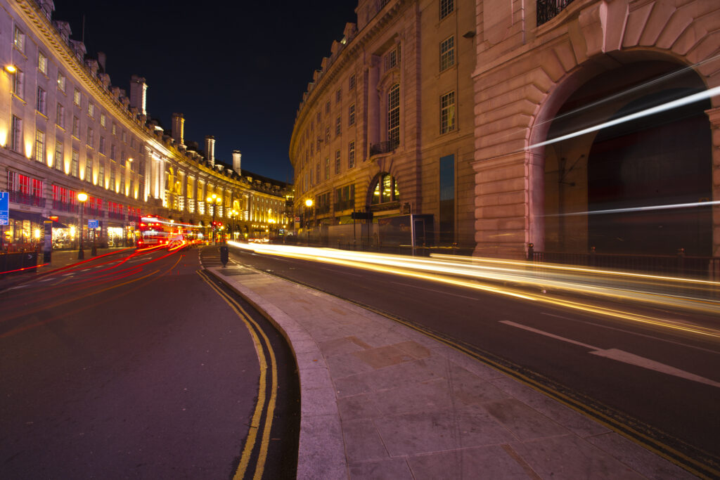 England, London, Piccadilly Circus. Road running from Piccadilly Circus located in the London's West End in the City of Westminster