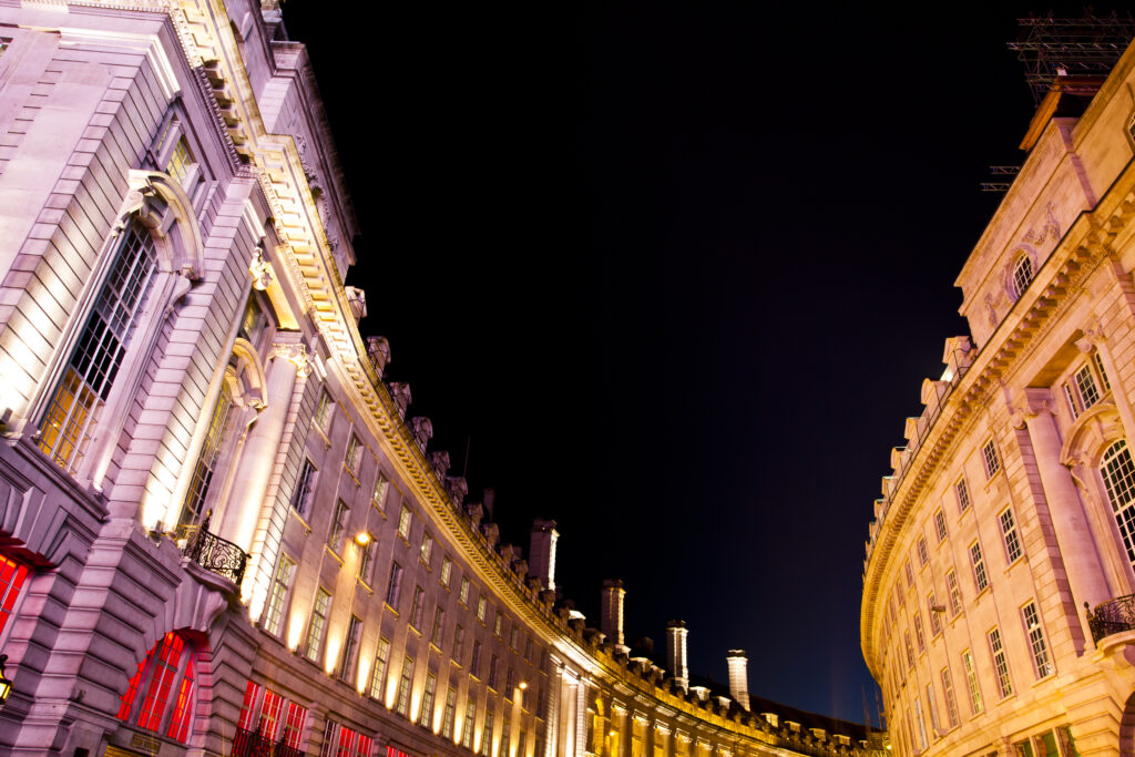 England, London, Piccadilly Circus. Detail of buildings near Piccadilly Circus located in the London's West End in the City of Westminster