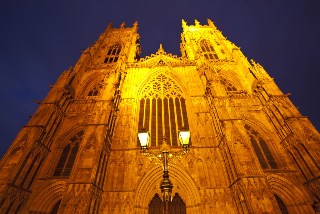 England, North Yorkshire, York City. Ornate lamp outside of the West Front entrance of York Minster.