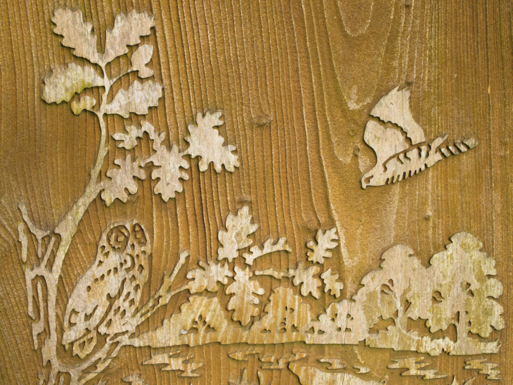 England, Tyne and Wear, Gibside Estate. Wood engraving / carving located within the walled garden at Gibisde.