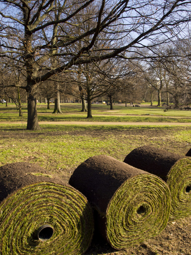 England, London, Hyde Park. Rolls of turf in Hyde Park, a popular green space near the city center of London.