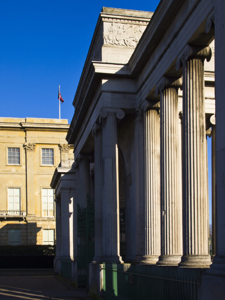 England, London, Hyde Park Corner. Detail shot of stone pillars at Hyde Park Corner in London.