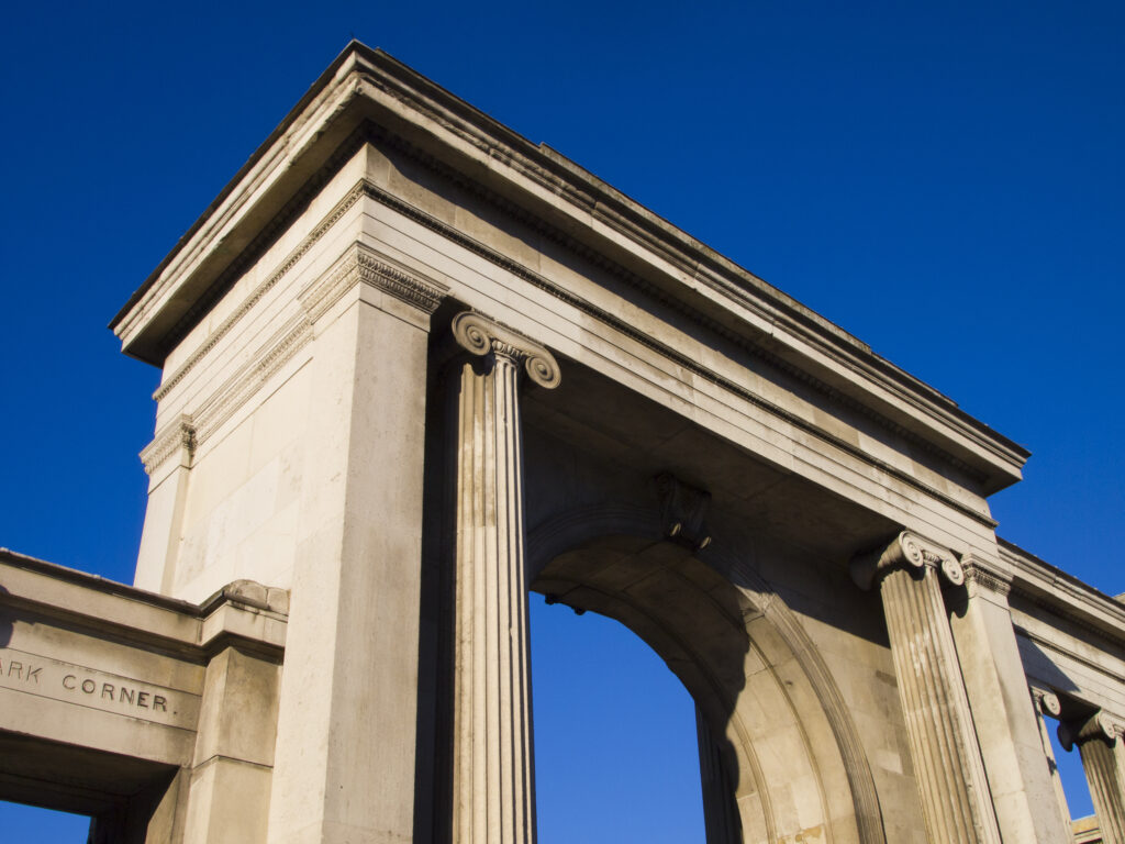 England, London, Hyde Park Corner. Detail shot of stone pillars at Hyde Park Corner in London.