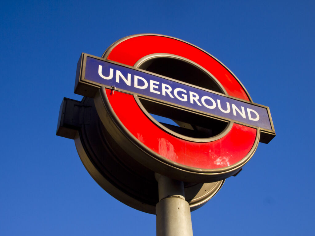 England, London, Underground Tube Station Sign. London underground sign, an iconic symbol of the underground tube network in London City.