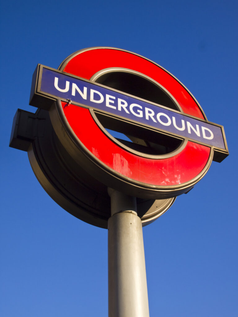 England, London, Underground Tube Station Sign. London underground sign, an iconic symbol of the underground tube network in London City.