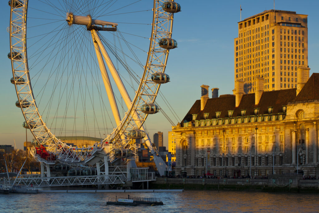 England, Greater London, London Borough of Lambeth. The London Eye (also known as the Millennium Wheel), the tallest Ferris wheel in Europe located on the south bank of the River Thames.